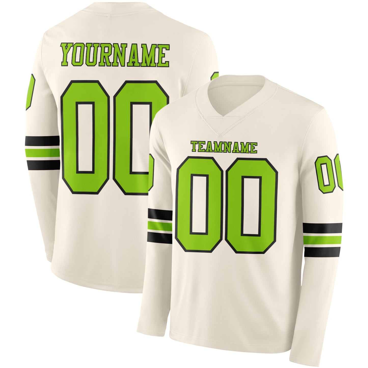 Custom Cream Neon Green-Black Long Sleeve Authentic Football Jersey - Main View