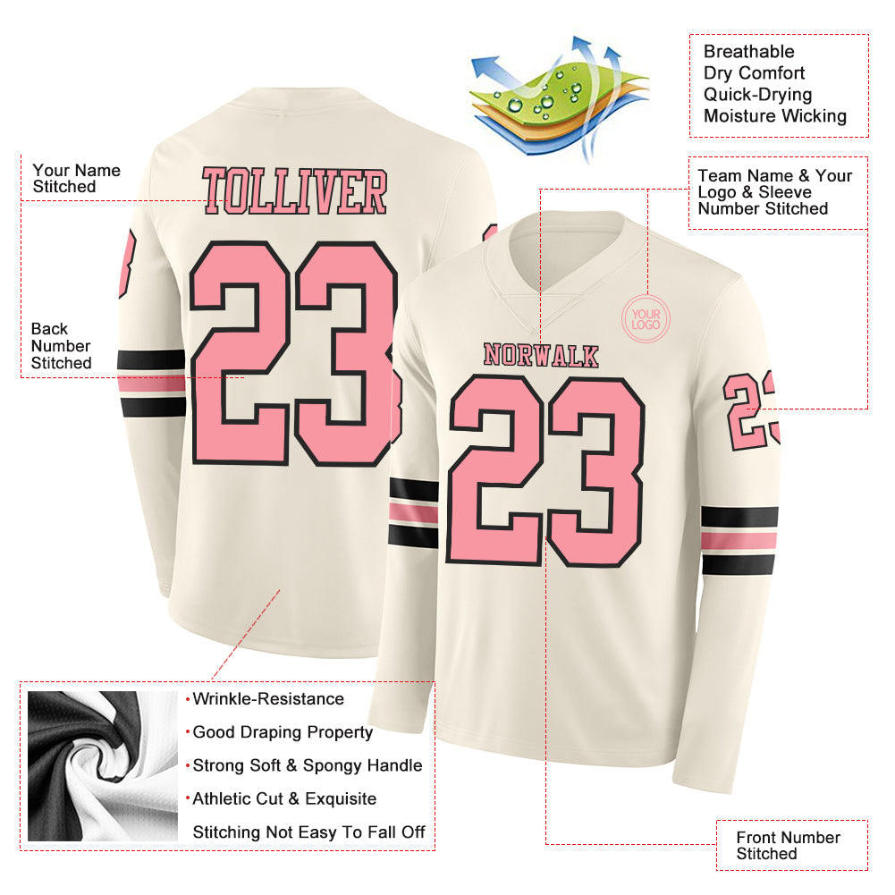 Custom Cream Medium Pink-Black Long Sleeve Authentic Football Jersey view 2