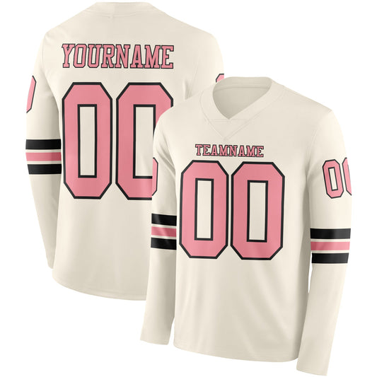 Custom Cream Medium Pink-Black Long Sleeve Authentic Football Jersey - Main View