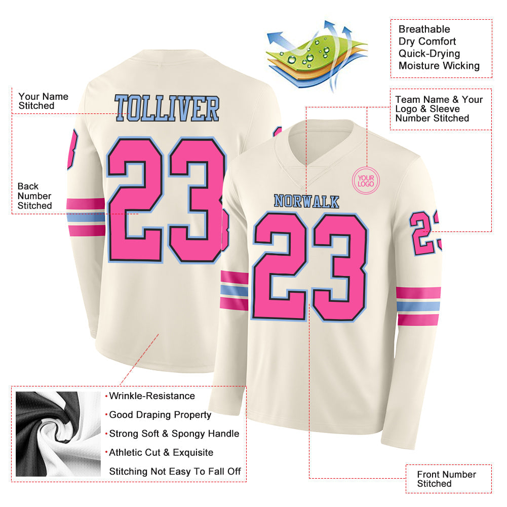Custom Cream Pink Black-Light Blue Long Sleeve Authentic Football Jersey view 2