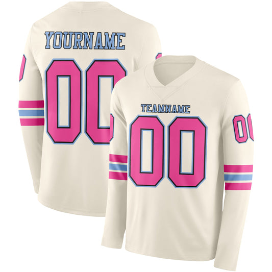 Custom Cream Pink Black-Light Blue Long Sleeve Authentic Football Jersey - Main View
