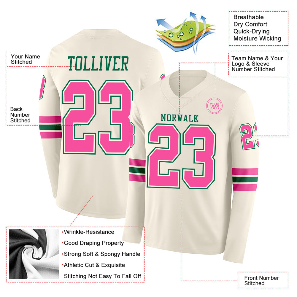 Custom Cream Pink-Kelly Green Long Sleeve Authentic Football Jersey view 2