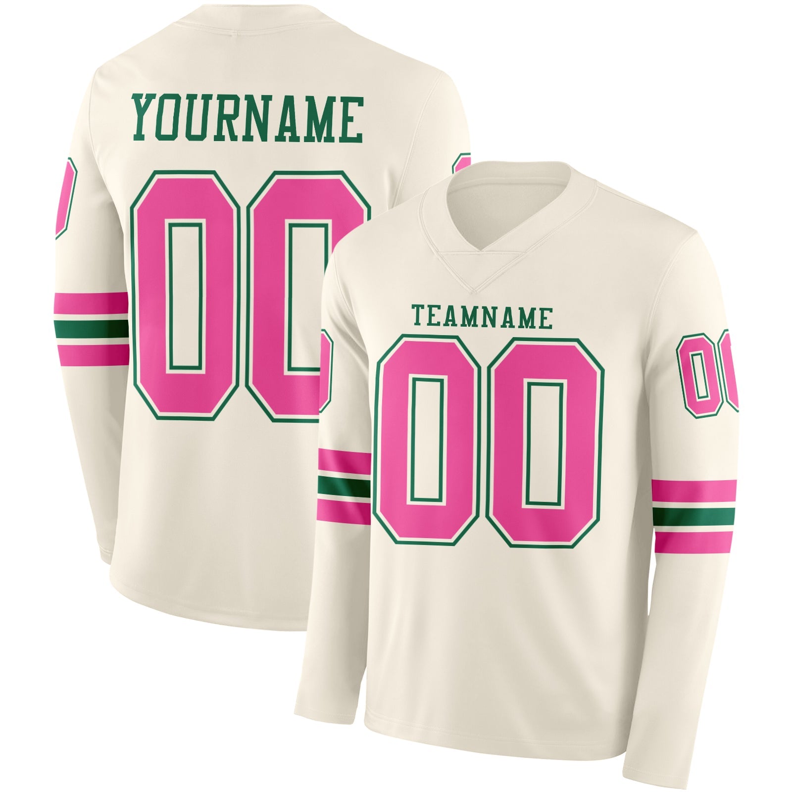 Custom Cream Pink-Kelly Green Long Sleeve Authentic Football Jersey - Main View
