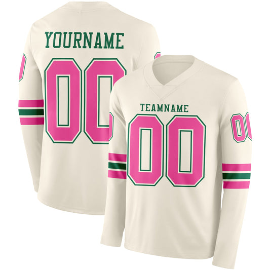 Custom Cream Pink-Kelly Green Long Sleeve Authentic Football Jersey - Main View