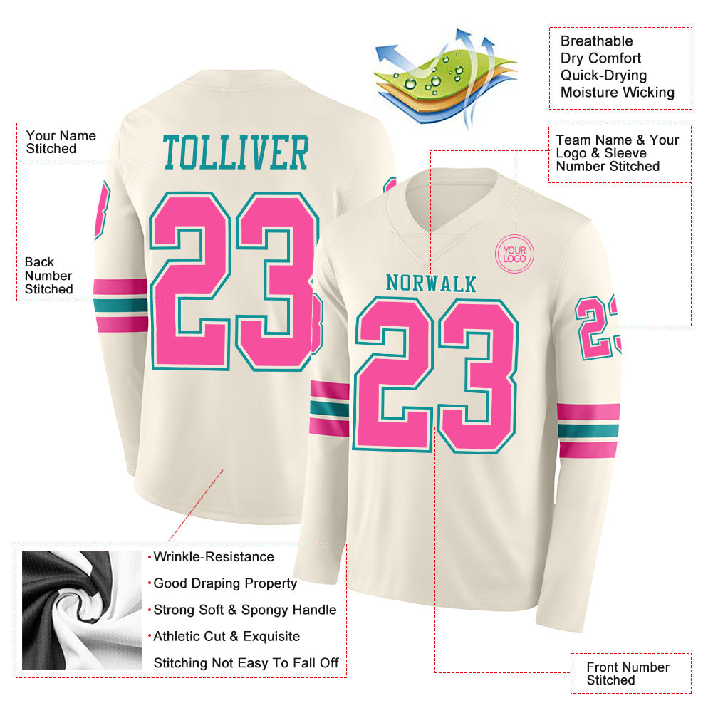 Custom Cream Pink-Teal Long Sleeve Authentic Football Jersey view 2
