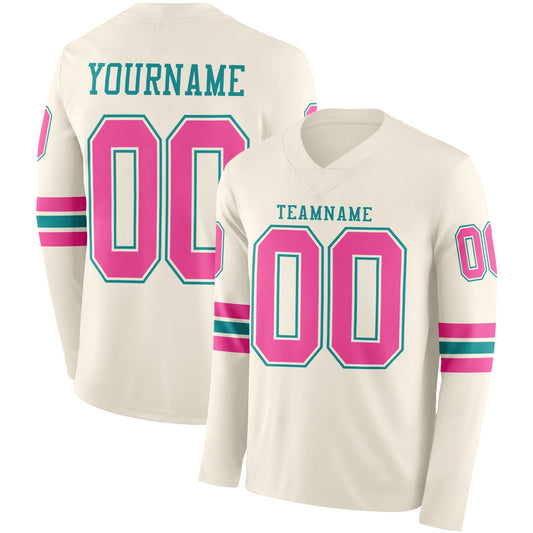 Custom Cream Pink-Teal Long Sleeve Authentic Football Jersey - Main View