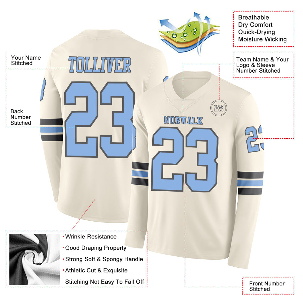 Custom Cream Light Blue-Steel Gray Long Sleeve Authentic Football Jersey view 2