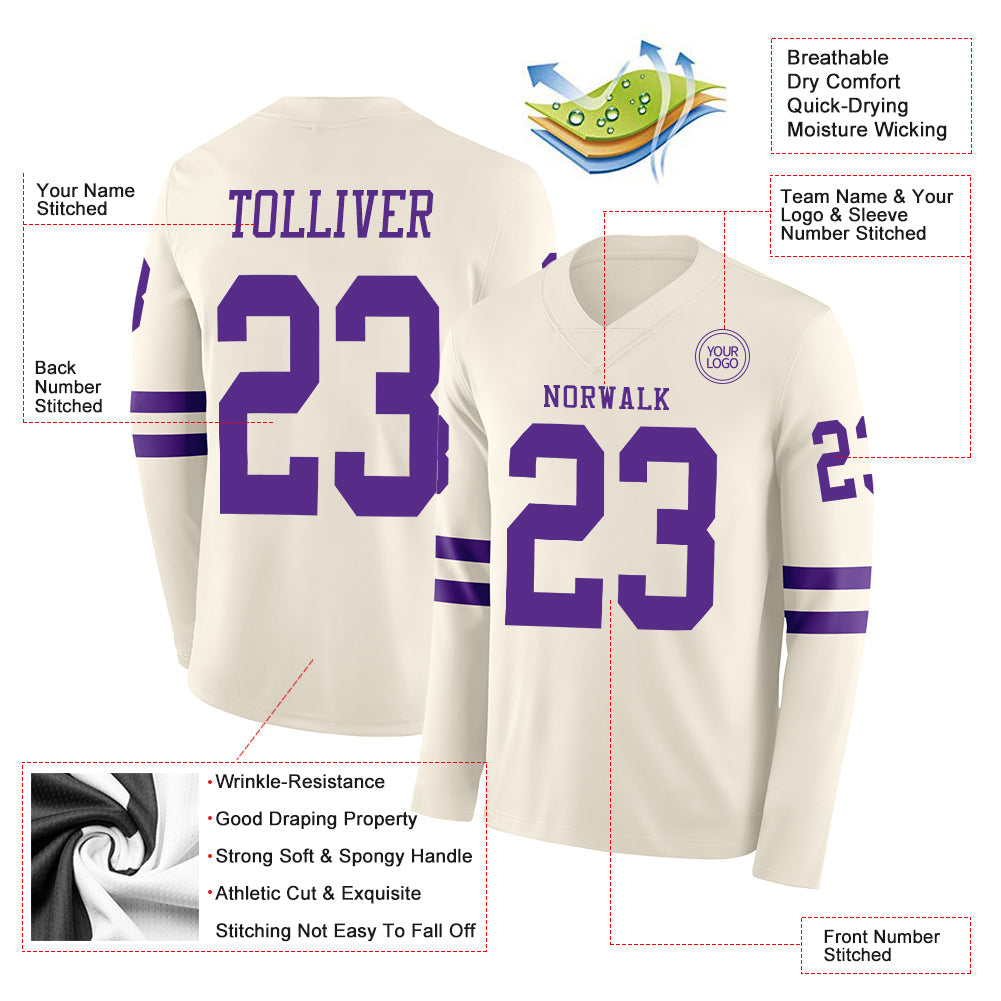 Custom Cream Purple Long Sleeve Authentic Football Jersey view 2