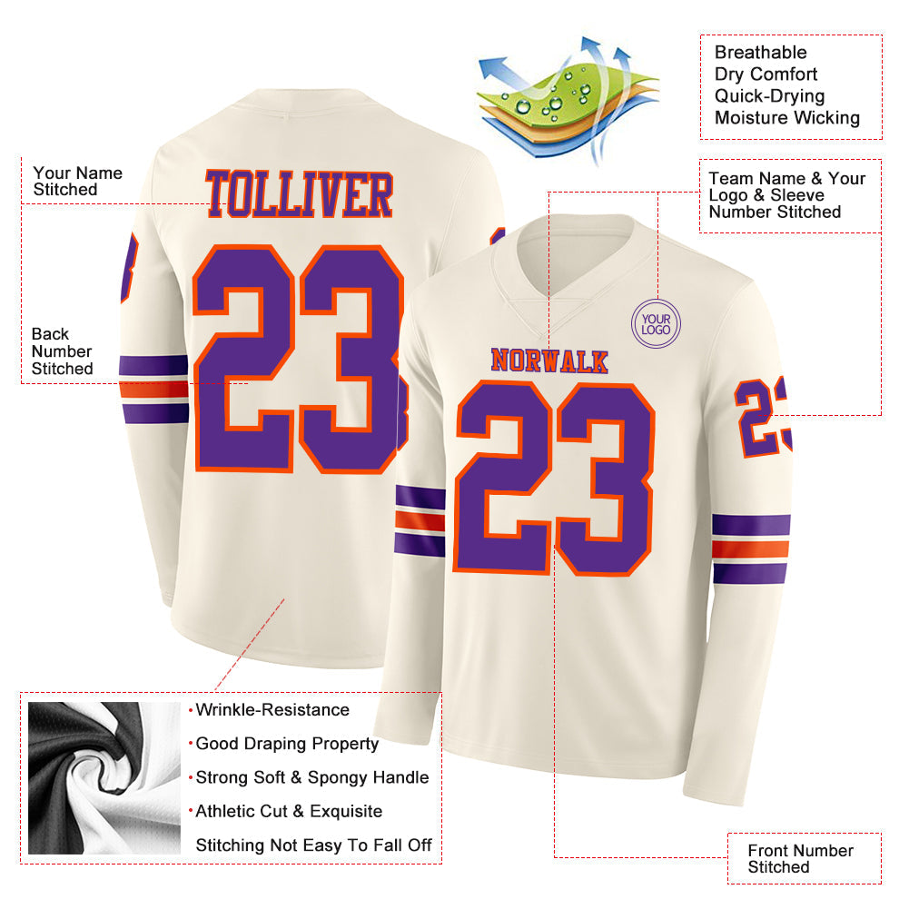 Custom Cream Purple-Orange Long Sleeve Authentic Football Jersey view 2