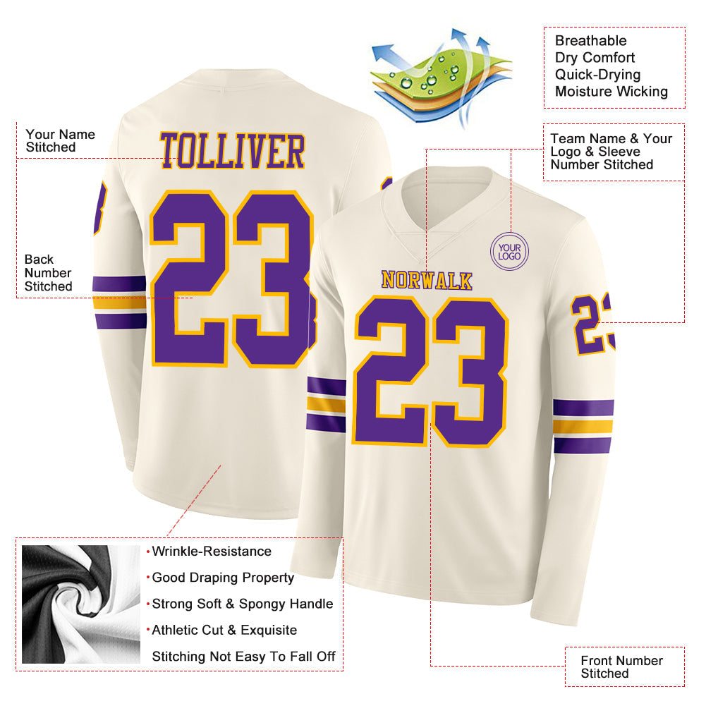 Custom Cream Purple-Gold Long Sleeve Authentic Football Jersey view 2