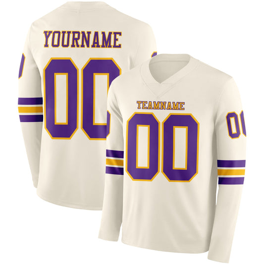 Custom Cream Purple-Gold Long Sleeve Authentic Football Jersey - Main View