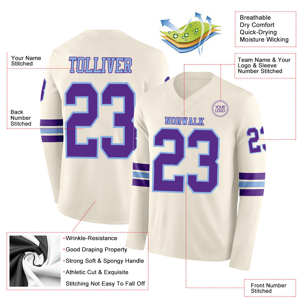 Custom Cream Purple-Light Blue Long Sleeve Authentic Football Jersey view 2