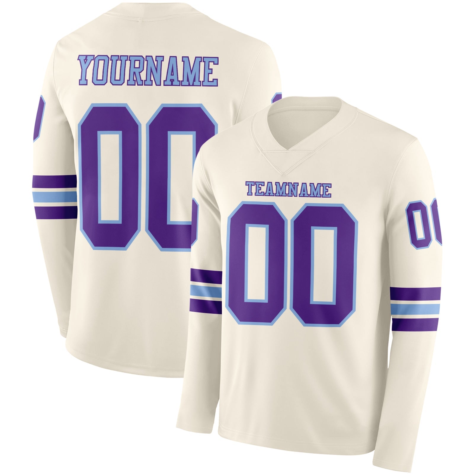 Custom Cream Purple-Light Blue Long Sleeve Authentic Football Jersey - Main View
