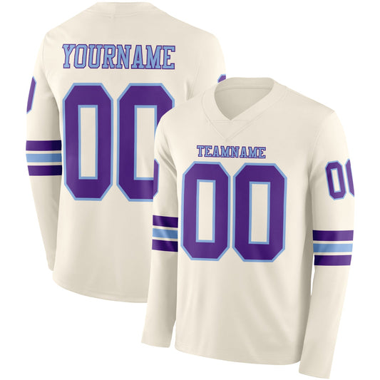 Custom Cream Purple-Light Blue Long Sleeve Authentic Football Jersey - Main View
