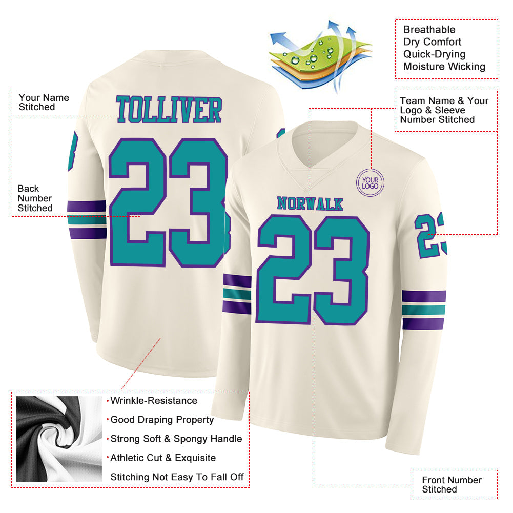Custom Cream Teal-Purple Long Sleeve Authentic Football Jersey view 2