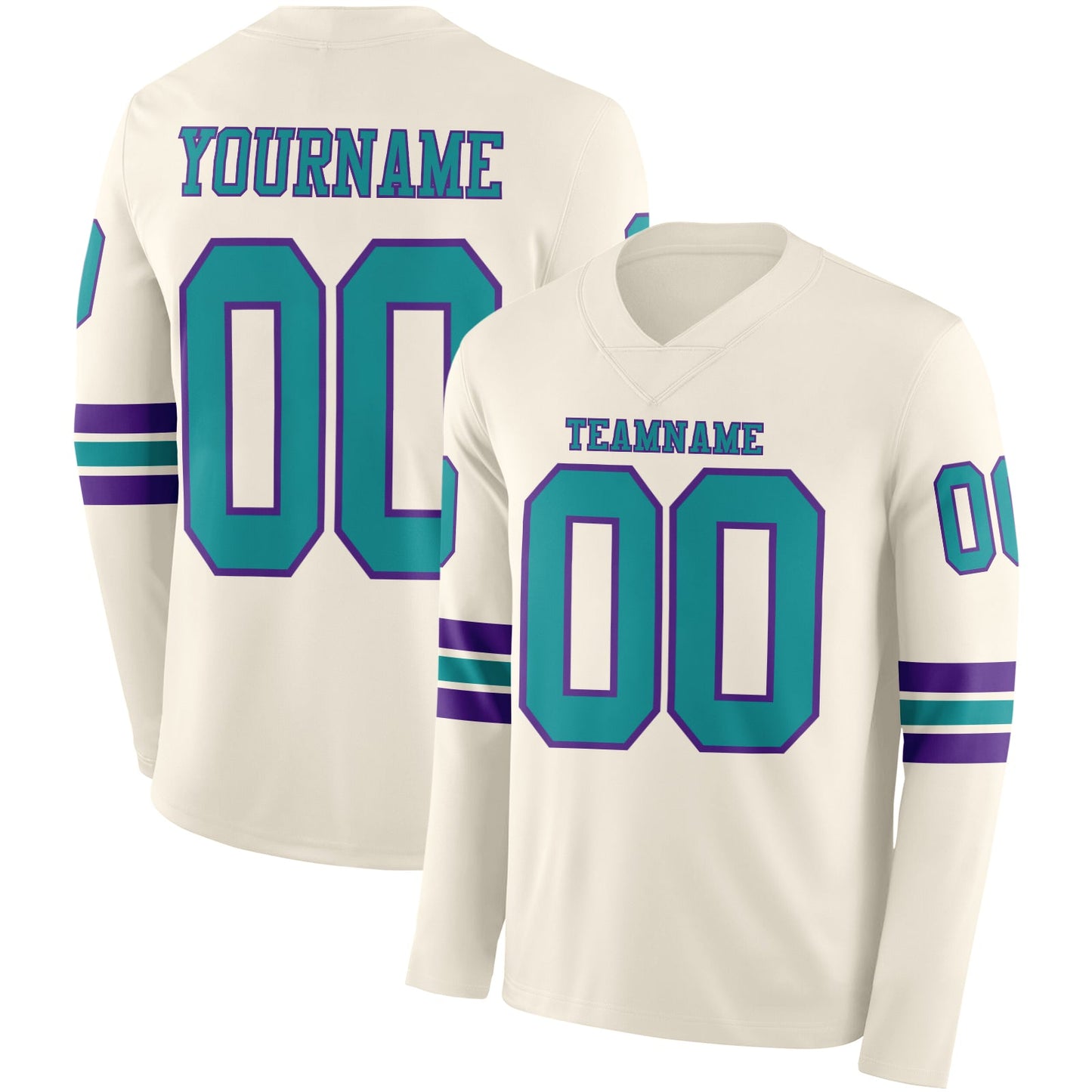 Custom Cream Teal-Purple Long Sleeve Authentic Football Jersey - Main View