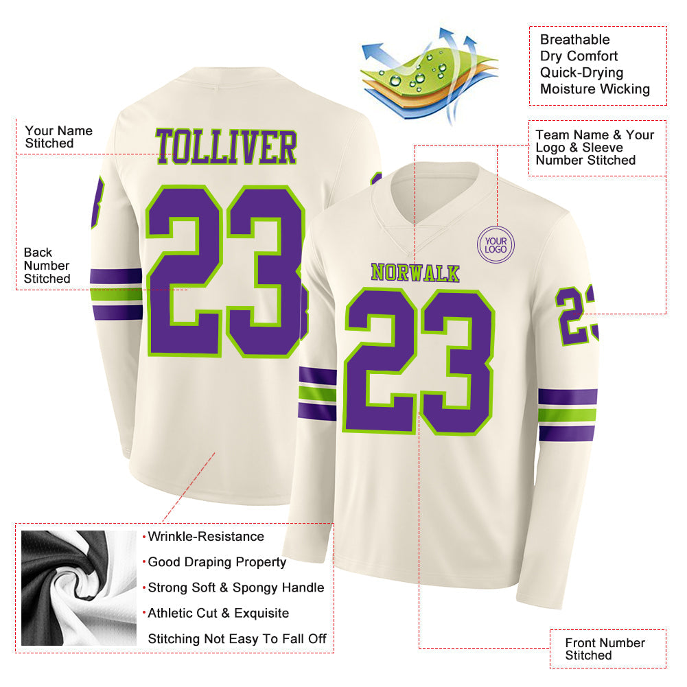 Custom Cream Purple-Neon Green Long Sleeve Authentic Football Jersey view 2