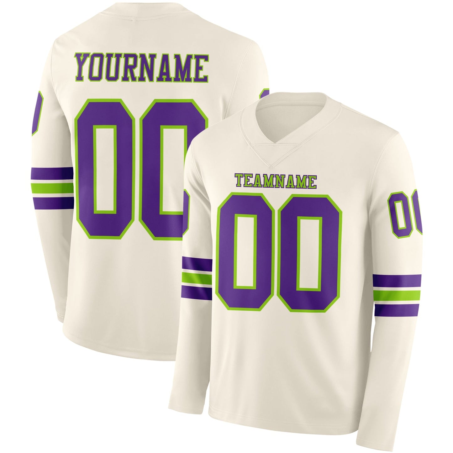 Custom Cream Purple-Neon Green Long Sleeve Authentic Football Jersey - Main View