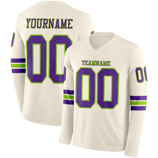 Custom Cream Purple-Neon Green Long Sleeve Authentic Football Jersey - Main View