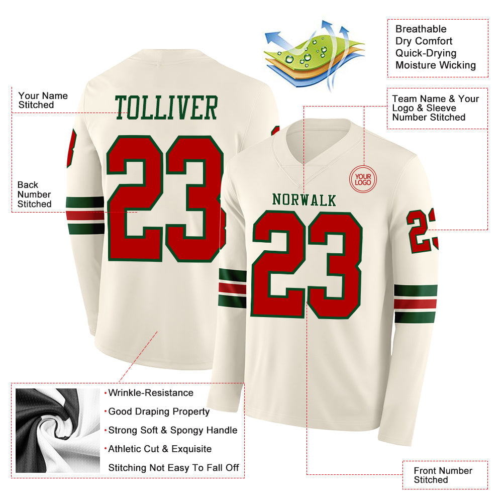 Custom Cream Red-Green Long Sleeve Authentic Football Jersey view 2