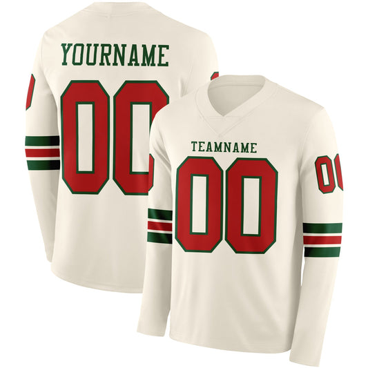 Custom Cream Red-Green Long Sleeve Authentic Football Jersey - Main View