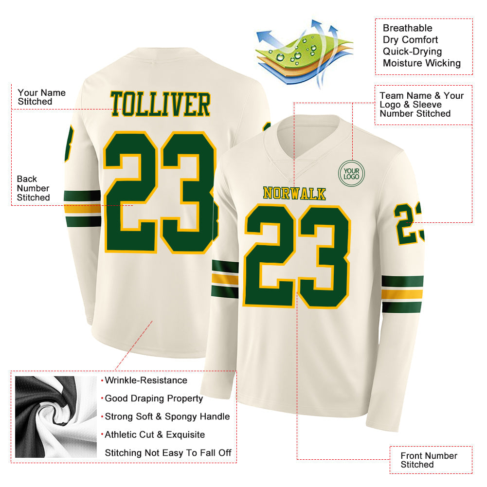 Custom Cream Green-Gold Long Sleeve Authentic Football Jersey view 2