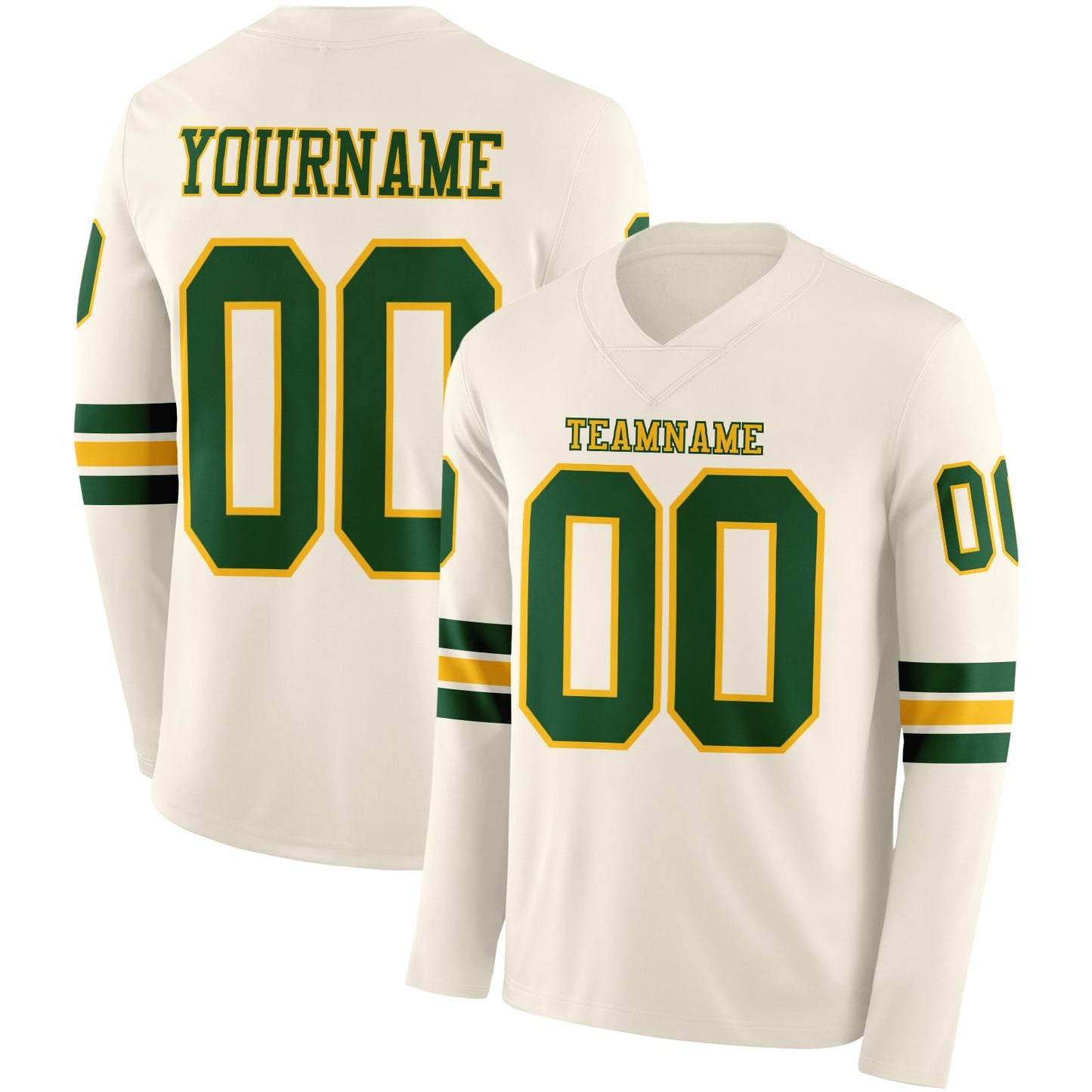 Custom Cream Green-Gold Long Sleeve Authentic Football Jersey - Main View
