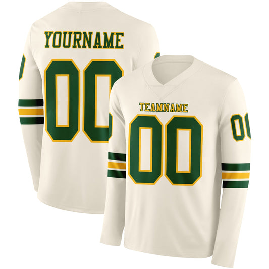 Custom Cream Green-Gold Long Sleeve Authentic Football Jersey - Main View