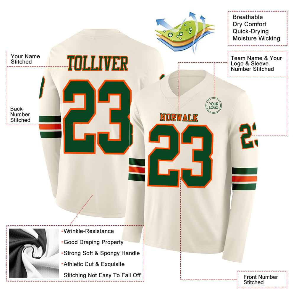 Custom Cream Green-Orange Long Sleeve Authentic Football Jersey view 2