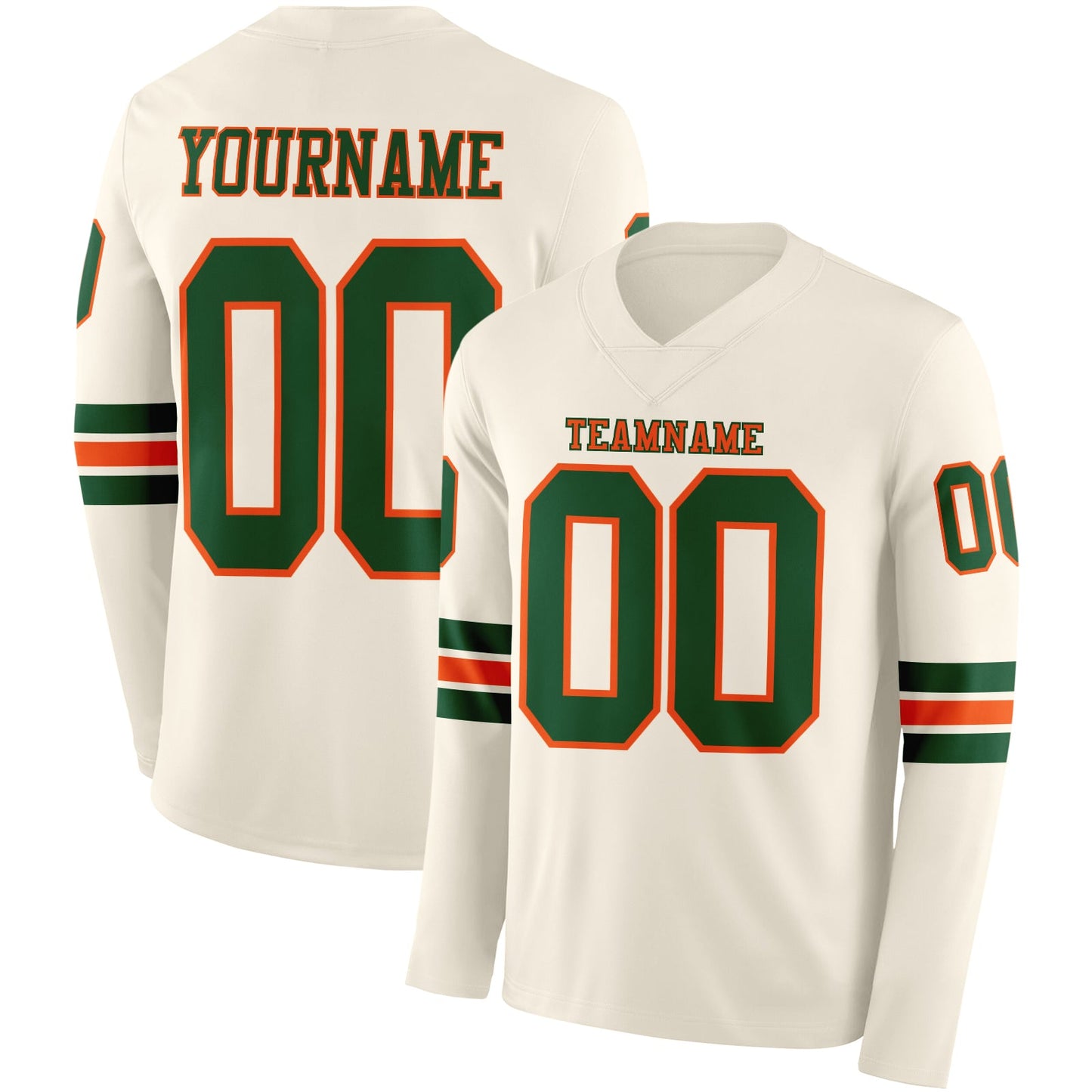 Custom Cream Green-Orange Long Sleeve Authentic Football Jersey - Main View