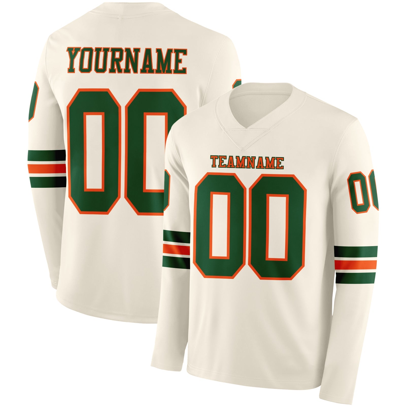 Custom Cream Green-Orange Long Sleeve Authentic Football Jersey - Main View