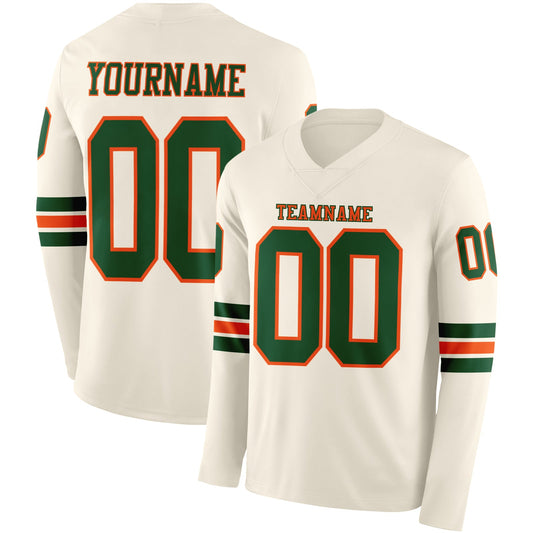 Custom Cream Green-Orange Long Sleeve Authentic Football Jersey - Main View