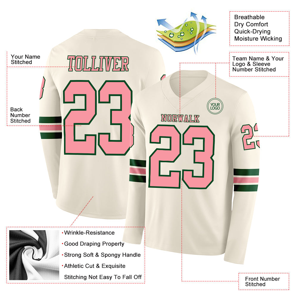 Custom Cream Medium Pink-Green Long Sleeve Authentic Football Jersey view 2
