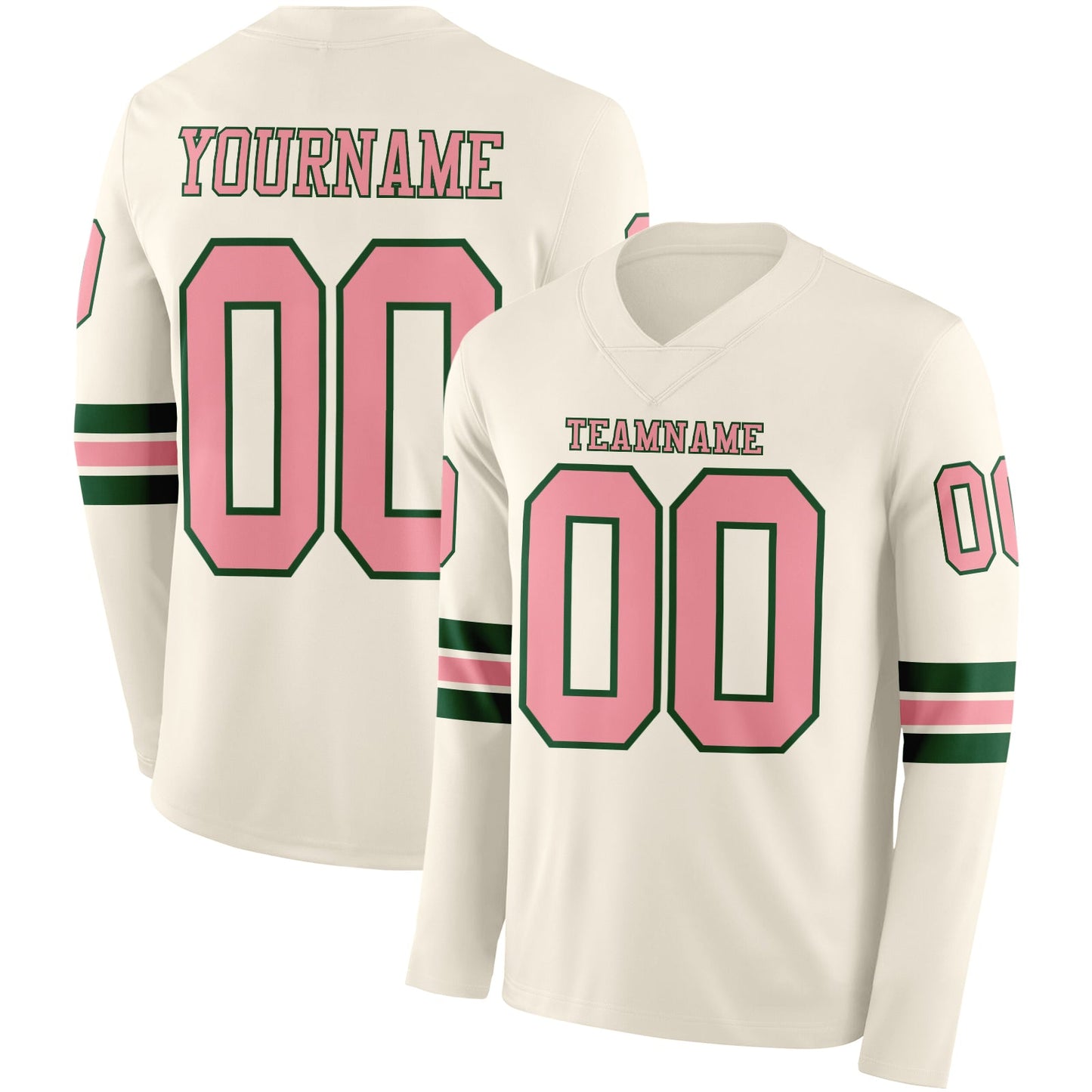 Custom Cream Medium Pink-Green Long Sleeve Authentic Football Jersey - Main View