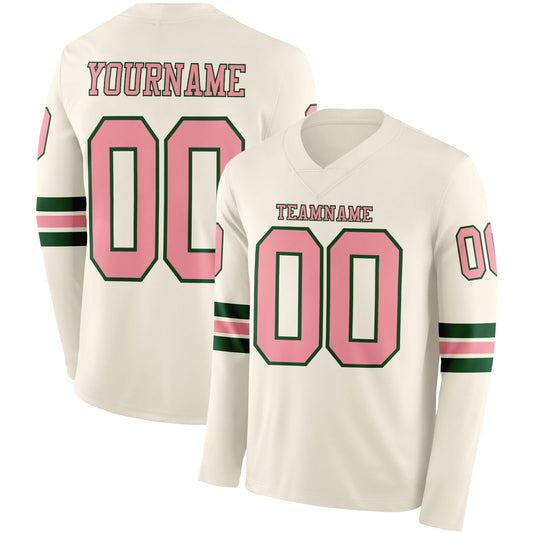 Custom Cream Medium Pink-Green Long Sleeve Authentic Football Jersey - Main View