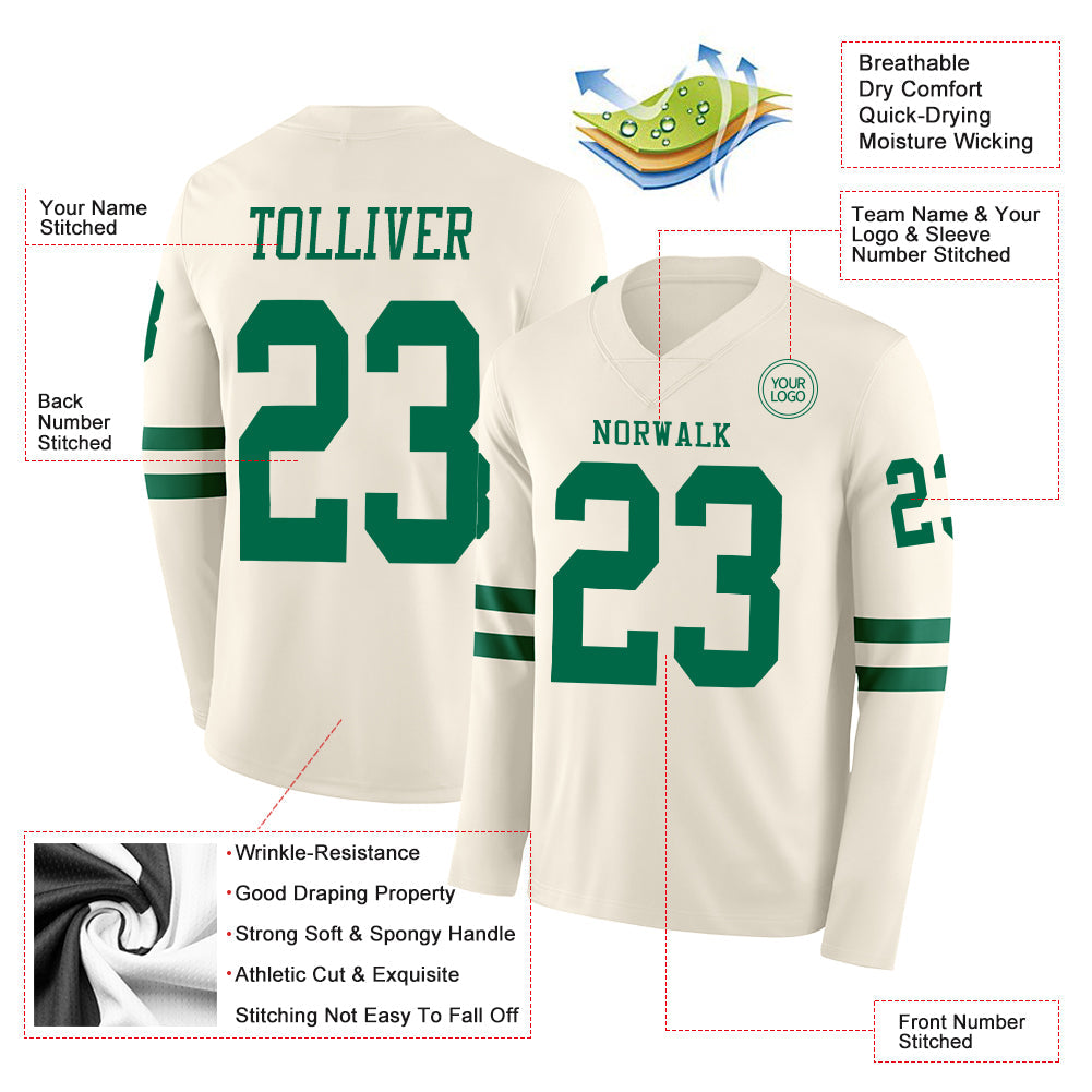 Custom Cream Kelly Green Long Sleeve Authentic Football Jersey view 2