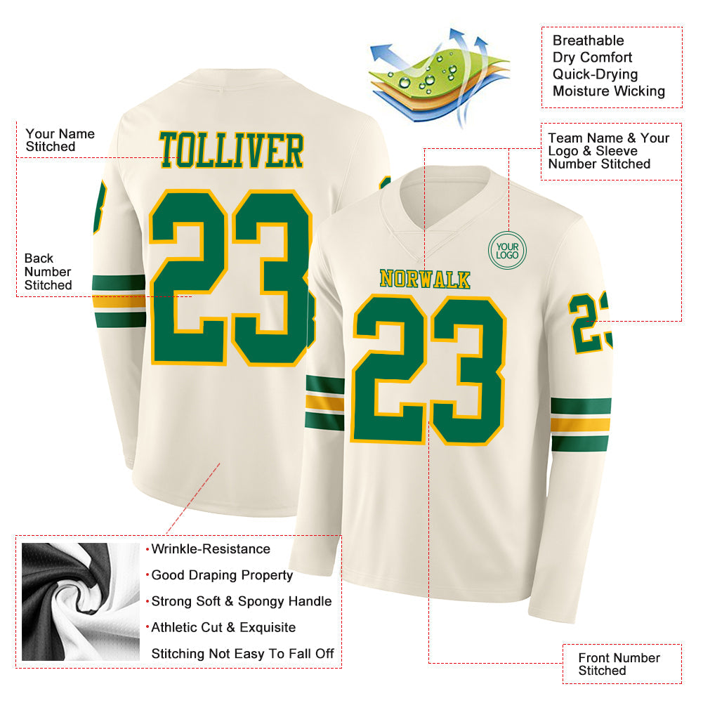 Custom Cream Kelly Green-Gold Long Sleeve Authentic Football Jersey view 2