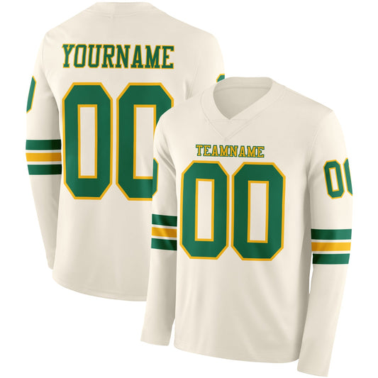 Custom Cream Kelly Green-Gold Long Sleeve Authentic Football Jersey - Main View
