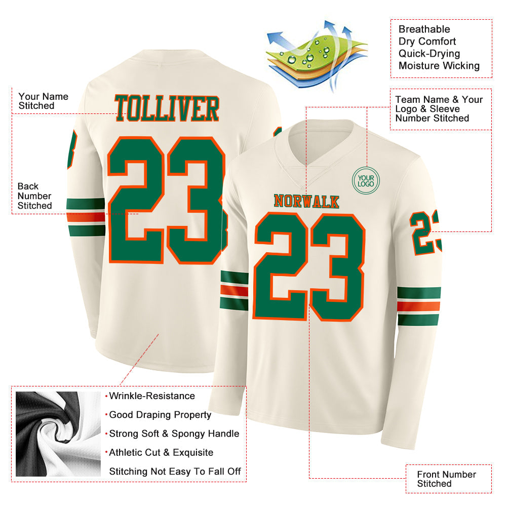 Custom Cream Kelly Green-Orange Long Sleeve Authentic Football Jersey view 2