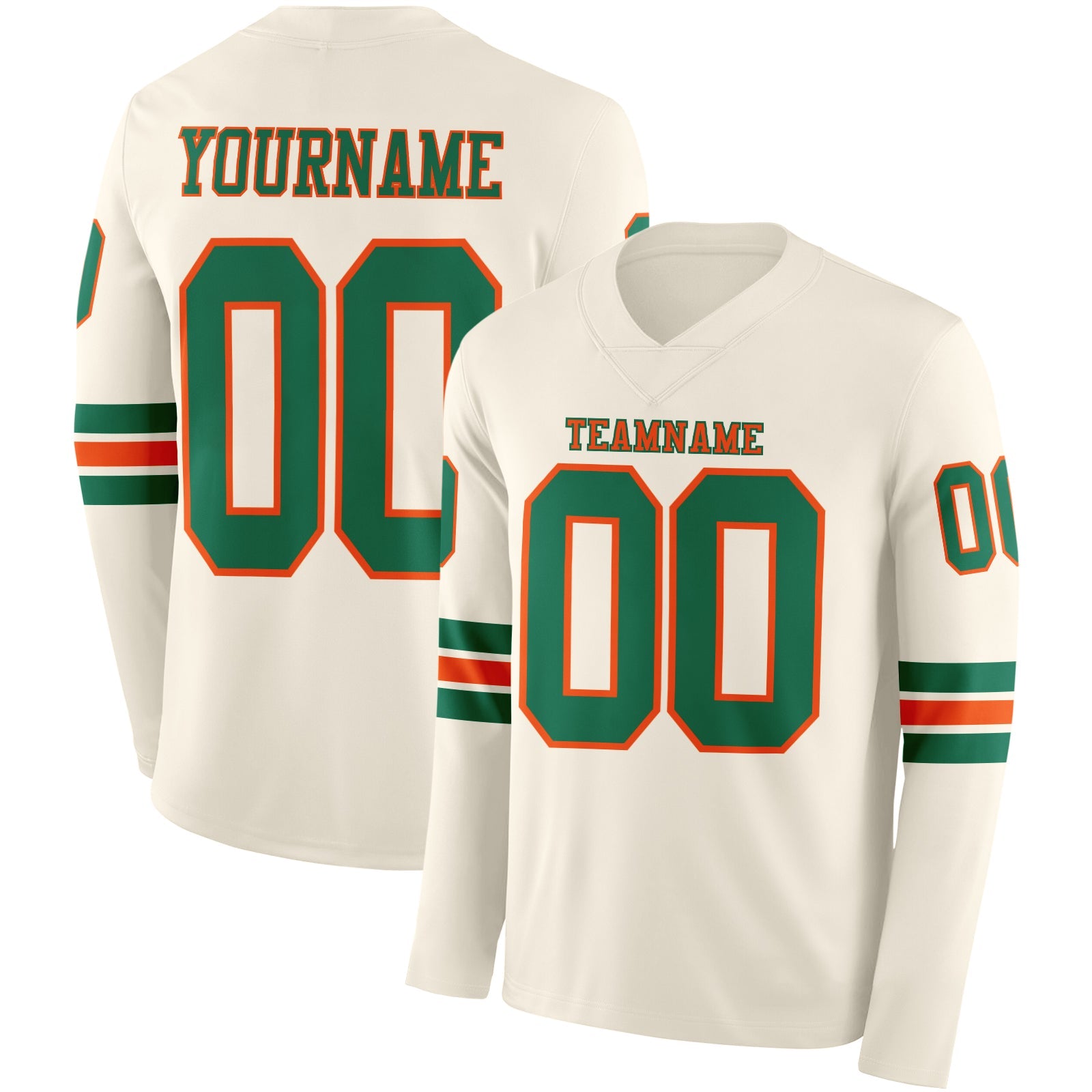 Custom Cream Kelly Green-Orange Long Sleeve Authentic Football Jersey - Main View