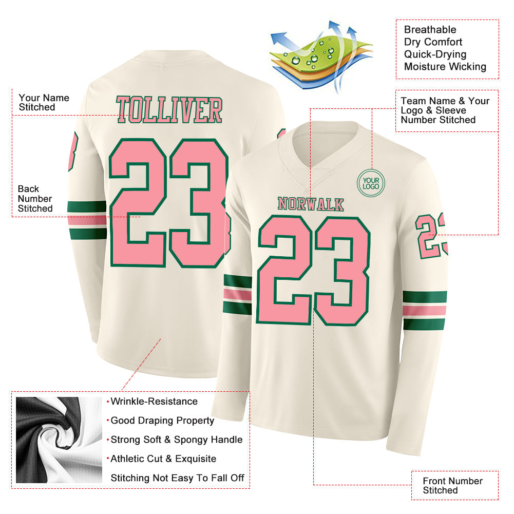Custom Cream Medium Pink-Kelly Green Long Sleeve Authentic Football Jersey view 2