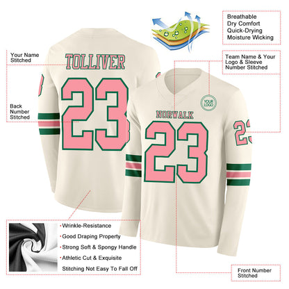 Custom Cream Medium Pink-Kelly Green Long Sleeve Authentic Football Jersey view 2