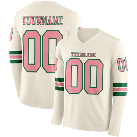 Custom Cream Medium Pink-Kelly Green Long Sleeve Authentic Football Jersey - Main View