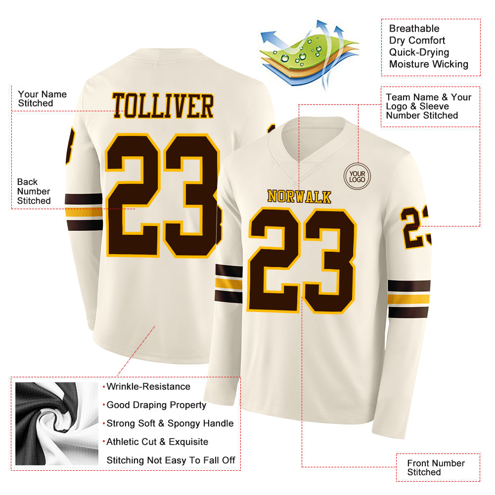 Custom Cream Brown-Gold Long Sleeve Authentic Football Jersey view 2