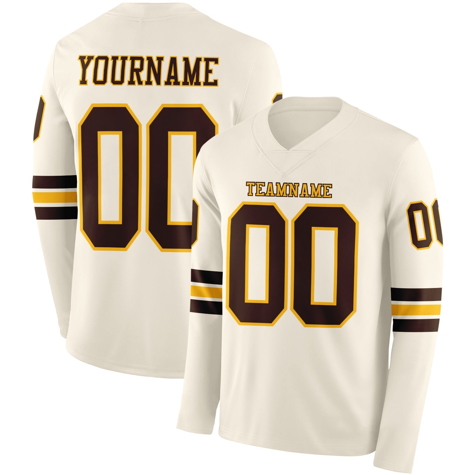 Custom Cream Brown-Gold Long Sleeve Authentic Football Jersey - Main View
