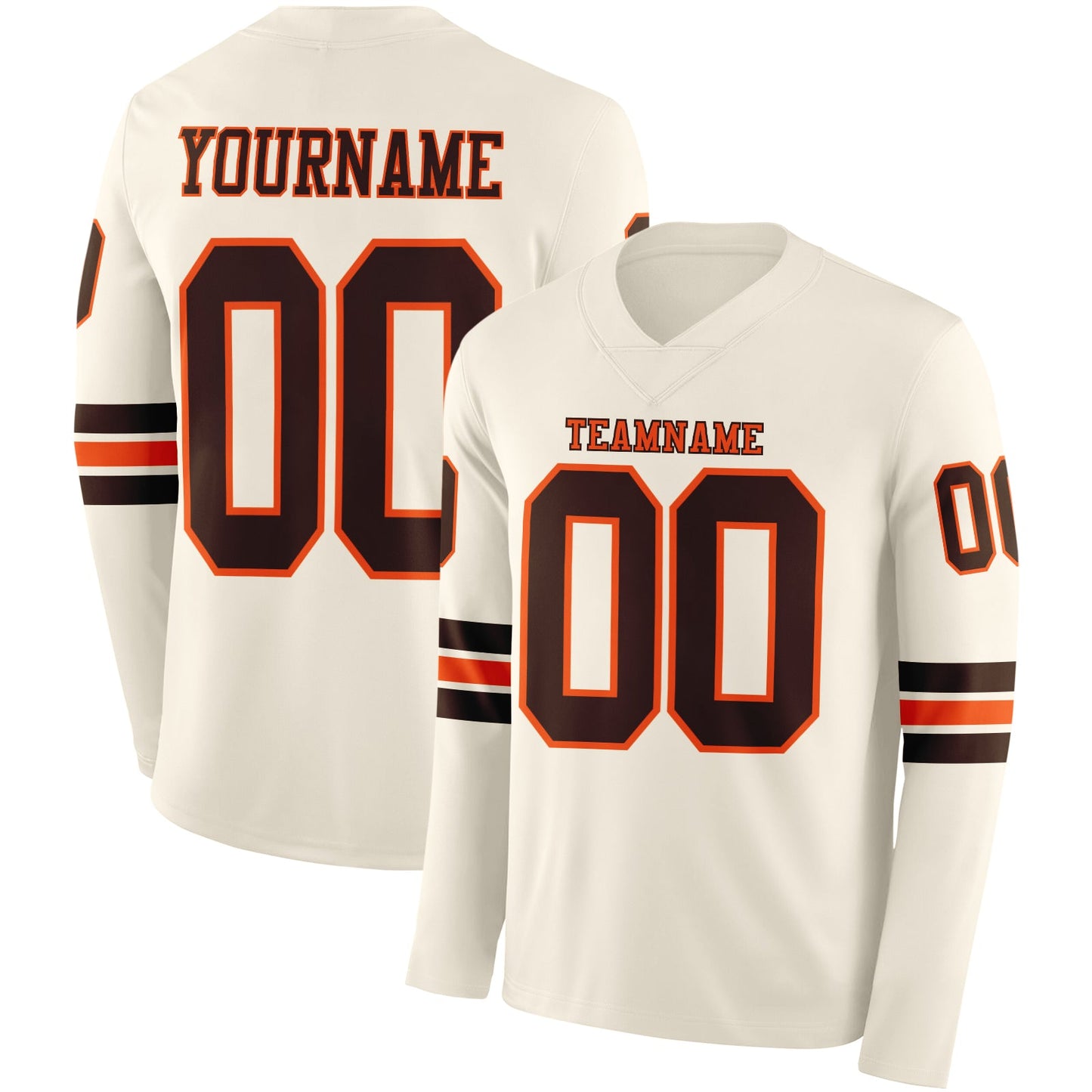 Custom Cream Brown-Orange Long Sleeve Authentic Football Jersey - Main View
