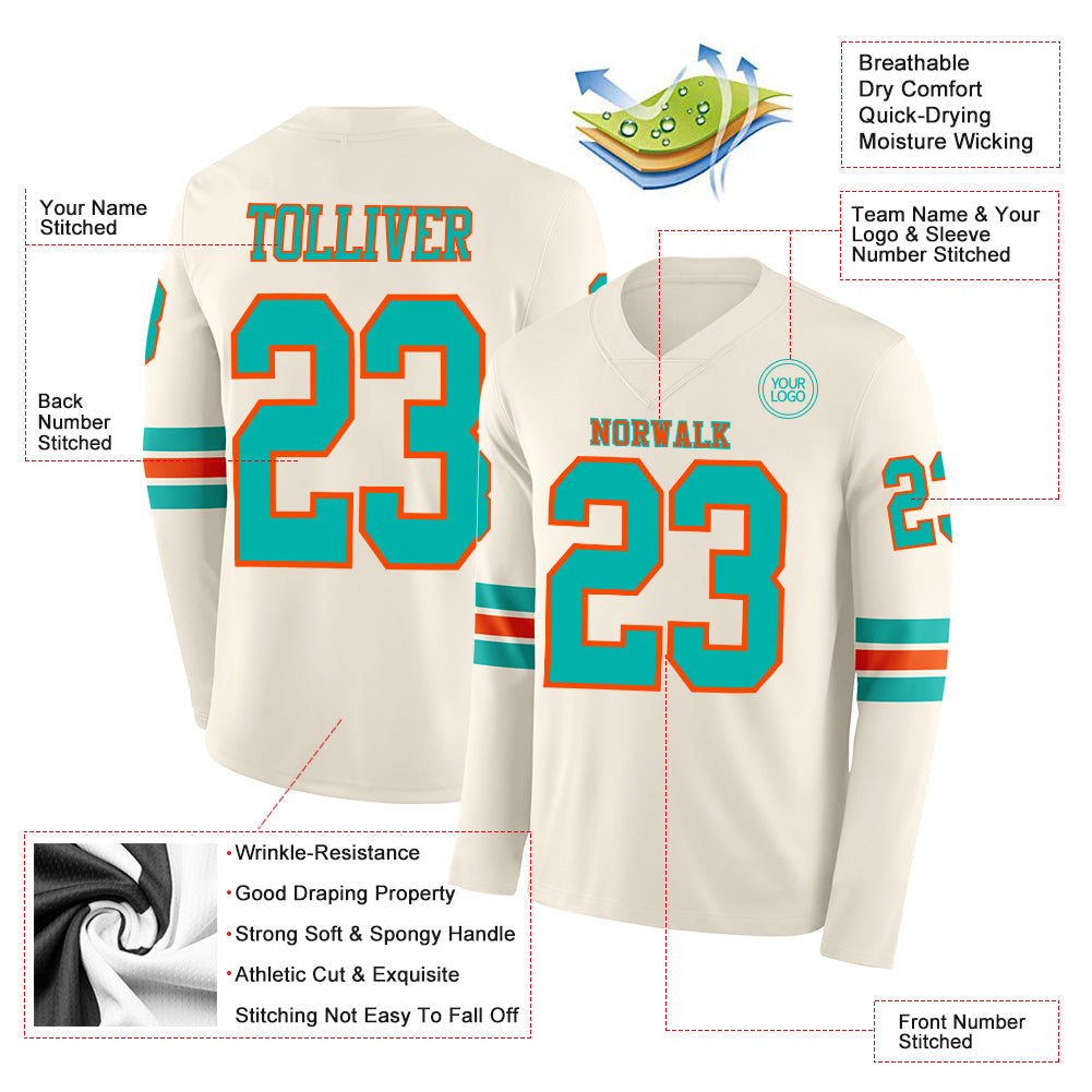 Custom Cream Aqua-Orange Long Sleeve Authentic Football Jersey view 2