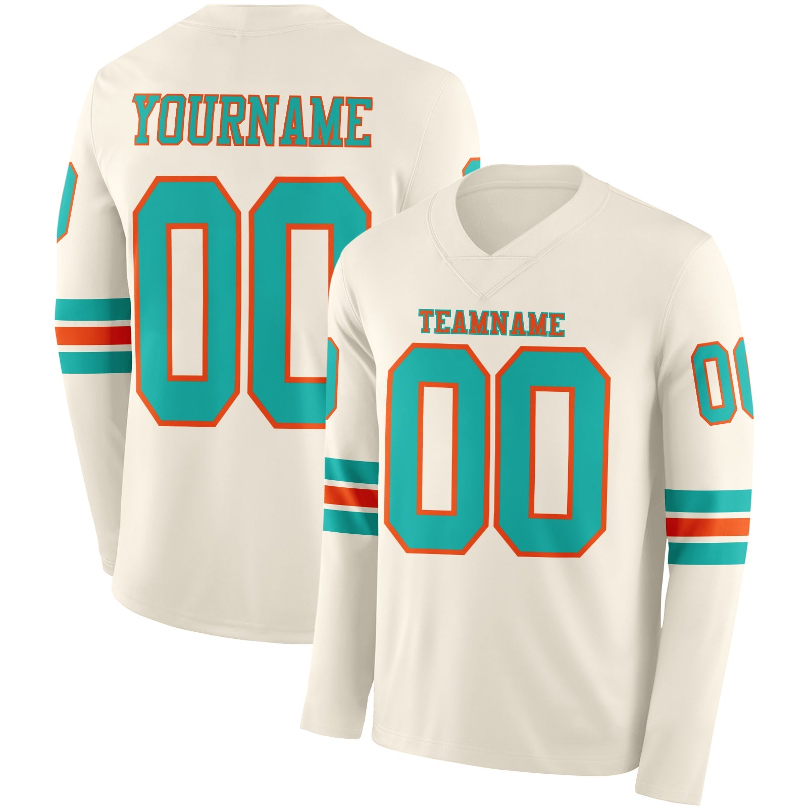 Custom Cream Aqua-Orange Long Sleeve Authentic Football Jersey - Main View