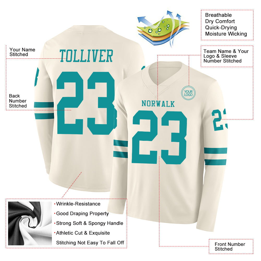 Custom Cream Teal Long Sleeve Authentic Football Jersey view 2