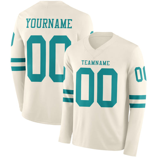 Custom Cream Teal Long Sleeve Authentic Football Jersey - Main View